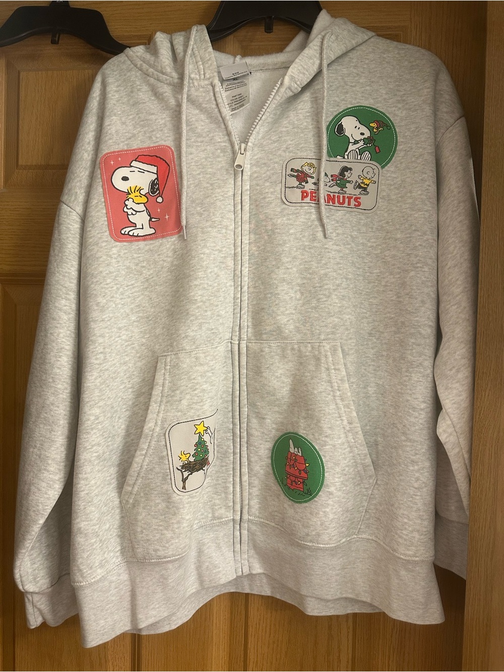 Peanuts Heather Gray Zip-Up Hoodie with Snoopy & Woodstock Patches